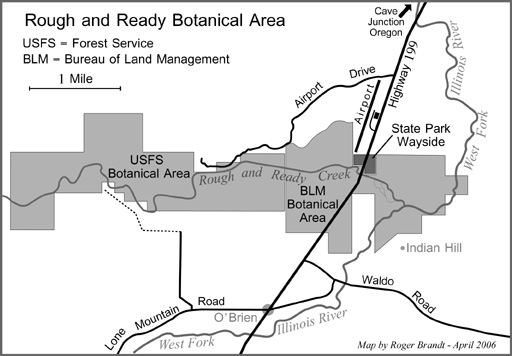 Map showing botanical protected areas around Rough and Ready Forest State Park near Illinois Valley Airport, Cave Junction, Oregon