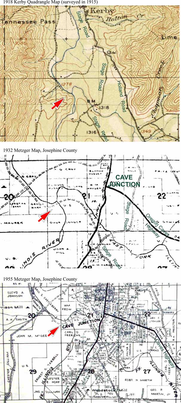Three maps of the area of Illinois River Forks State Park show what was there in 1918, 1932, 1955. Cave Junction, Oregon