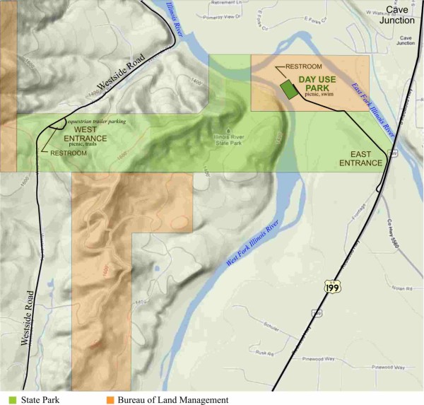 Map showing the boundary of Illinois River Forks State Park and adjacent Bureau of Land Management lands. Cave Junction, southwest Oregon