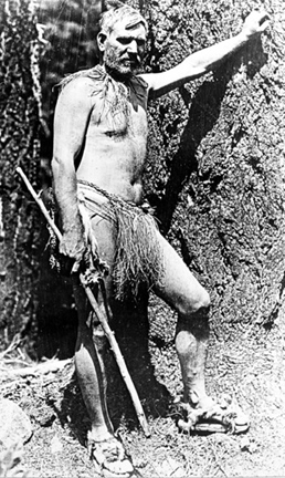 Photo of Joe Knowles, the Siskiyou Nature Man, in clothing he made during his 1914 survival experiment, Cave Junction, southwest Oregon