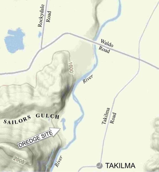 Map showing location of gold dredge pond