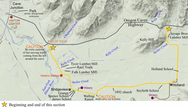 Map showing the Holland Loop section of the Oregon Caves Road Guide. Cave Junction, Oregon