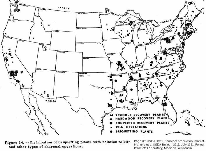 Map showing the location of charcoal kilns and briquette factories operating in 1961 in the United States