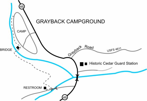 Map of Grayback Campground wheelchair accessible trail, Highway 46, Cave Junction, Oregon