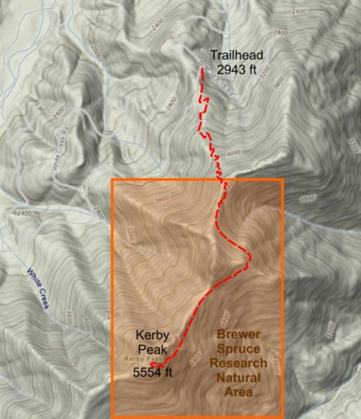 Map of the Kerby Peak Trail, Selma Oregon