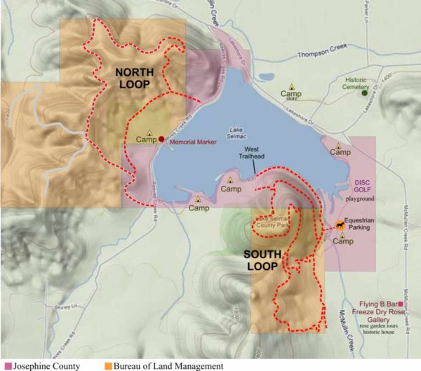 Map showing the location of trails at Lake Selmac, Selma, Oregon