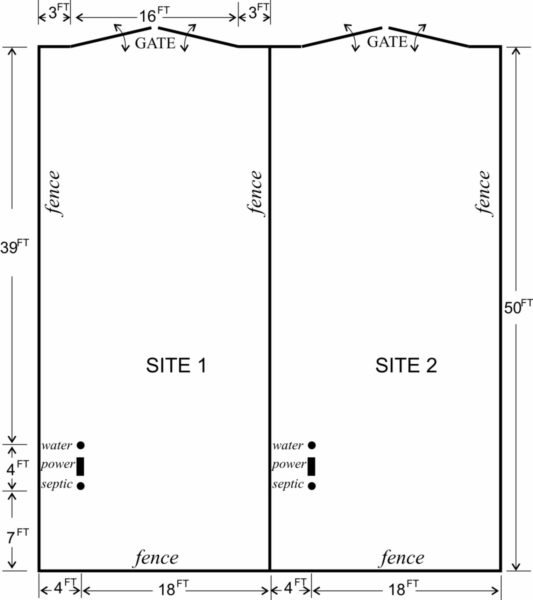 Illustration showing the dimensions of the park host site at Jubilee Park, Cave Junction, Oregon